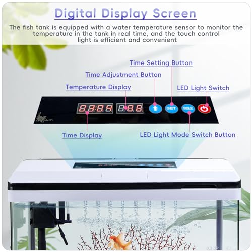 10 Gallon Glass Aquarium Fish Tank Starter Kit with Temperature and Time Display for Betta Fish Featuring Crystal Clear 360° Viewing, Eco-Cycle Filtration, Air Pump