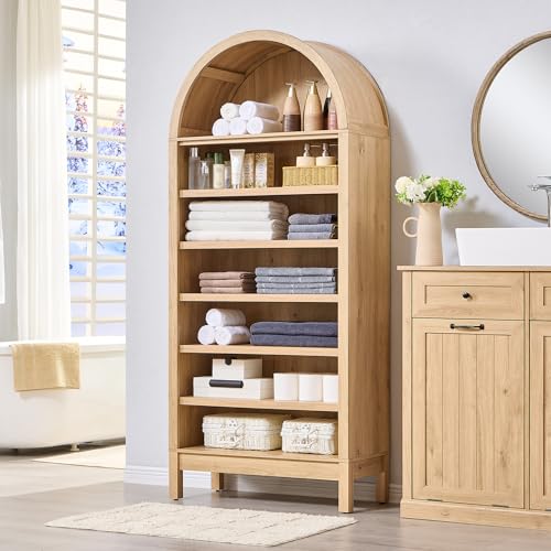 71" Tall Arched Bookshelf, 7 Tiers Arch Bookcase with Storage, Modern Farmhouse Book Shelf with Adjustable Shelves, Wood Bookshelf w/Open Display Shelves for Living Room, Office (Natural)