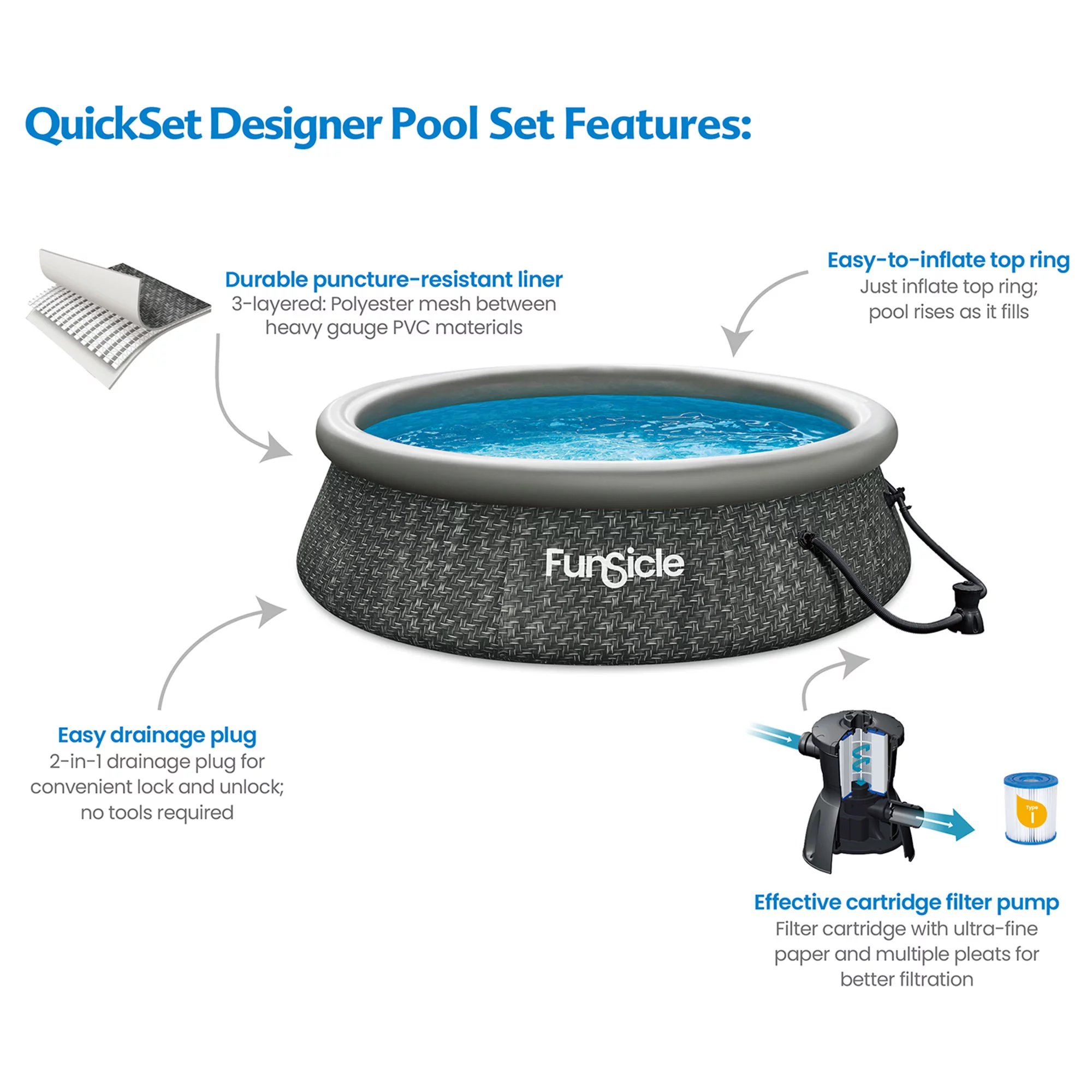 Funsicle 10ft x 30in Round QuickSet Designer Above Ground Pool, Dark Herringbone with Cartridge Filter Pump, Age 6 & up