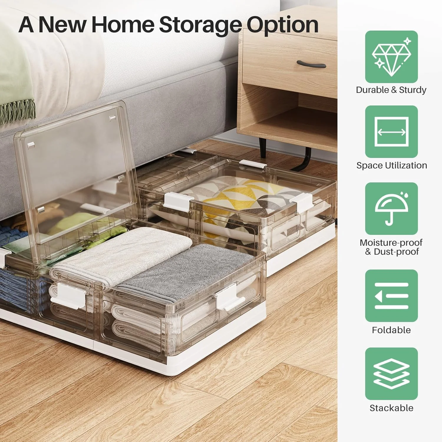 Plastic Under Bed Storage Containers,2 Pack Underbed Storage with Wheels,Foldable and Stackable Under Bed Organizer,Moisture and Dust-proof Storage Boxes for Clothes Shoes,13.6 Gal