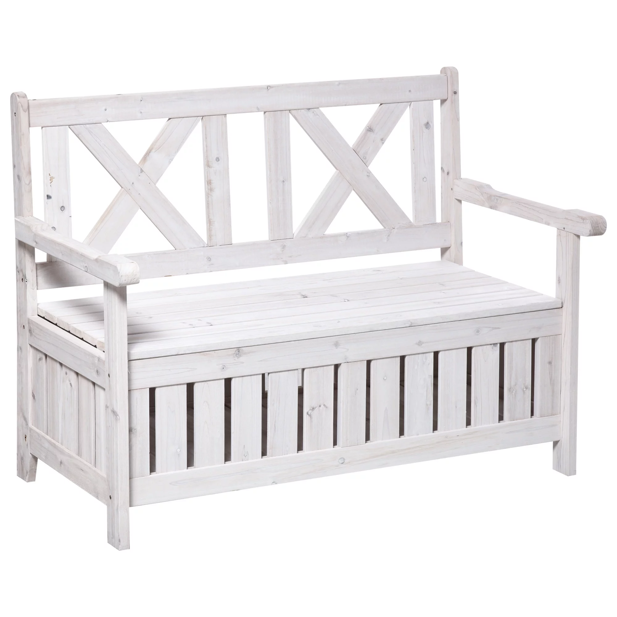 Outsunny Patio Wooden Bench with Storage Box, 29 Gallon Outdoor Storage Bench, Large Entryway Deck Box w/ Unique X-Shape Back, for Deck, Porch & Balcony, White