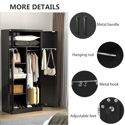 71" Armoire Wardrobe Closet with 2 Doors & 2 Drawers, Metal Storage Cabinet with Drawers and Hanging Rod, Metal Closet Organizers for Home, Office,Gym(White)