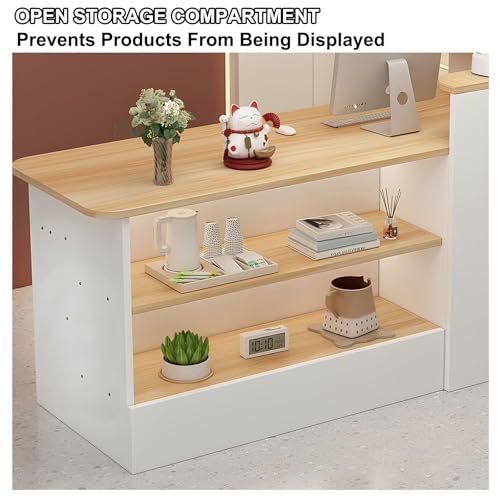 Front Desk Reception Counter, Retail Checkout, Modern Cashier Cabinet, Wooden Cashier Counter with Storage Space for Clothing Salon Shop Hotel(White+Grey+Right High)