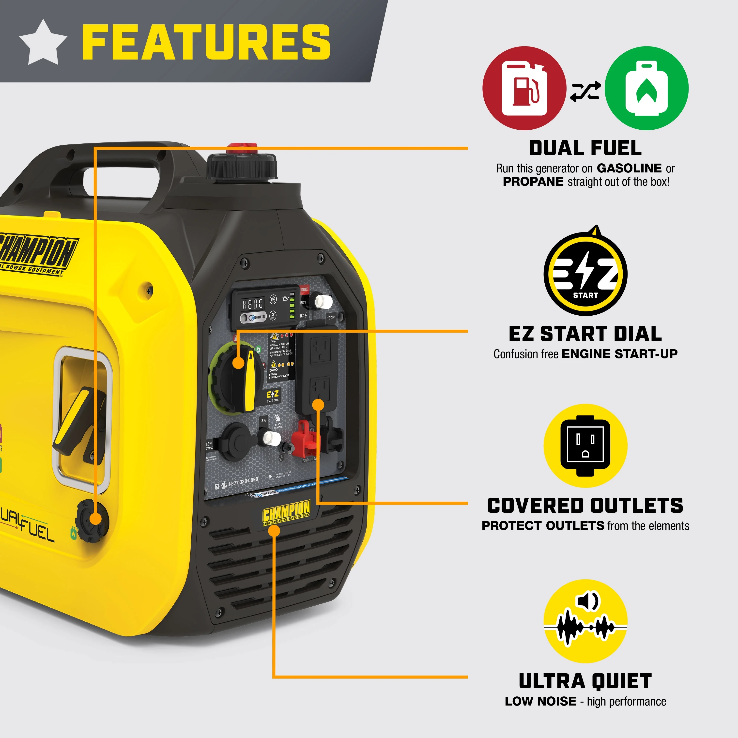 Champion Power Equipment 2500-Watt Dual Fuel Portable Inverter Generator with Quiet Technology and CO Shield