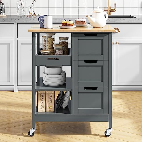 YITAHOME Small Solid Wood Top Kitchen Island Cart on Wheels with Storage, Rolling Portable Dining Room Serving Utility Carts Mobile Movable with 3 Drawers Cabinet, Oak & Gray