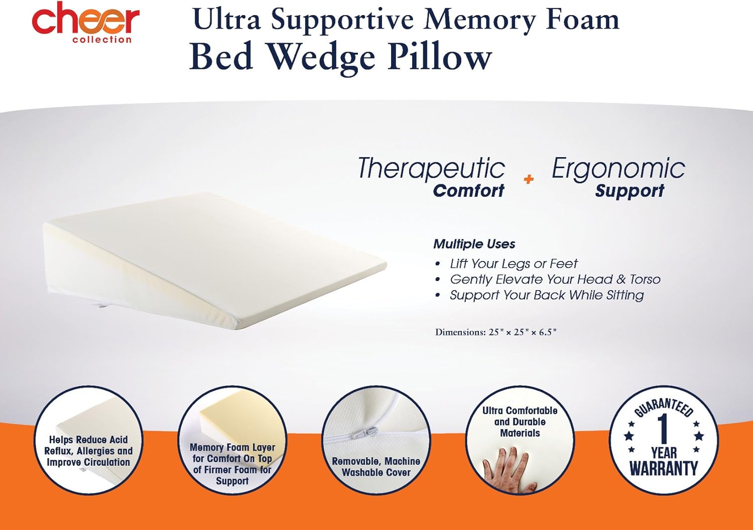 Cheer Collection Acid Reflux Bed Wedge Pillow for Sleeping Gentle Incline Cushion to Elevate and Support Head and Back (25" x 25" x 6.5")