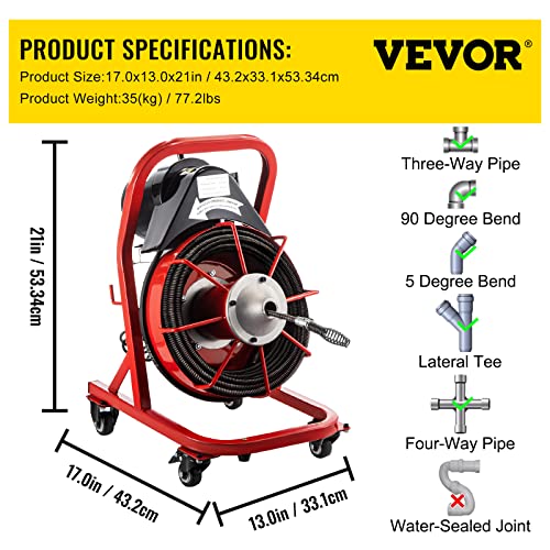 VEVOR Electric Drain Auger, 75' x 3/8", 250W Drain Cleaner Machine Fit 2''- 4'' Pipes, Hair Catcher for Kitchen Sink, Bathroom Tub, Toilet Clogged, Drains Dredge, Foliose Sewers