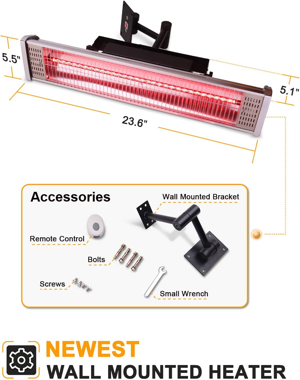 Star Patio Electric Patio Heater with Remote , Indoor / Outdoor Heater, Space Heater, Infrared Heater, Wall Mounted, suitable as Gazebo Heater, Balcony Heater, Garage Heater, 1530