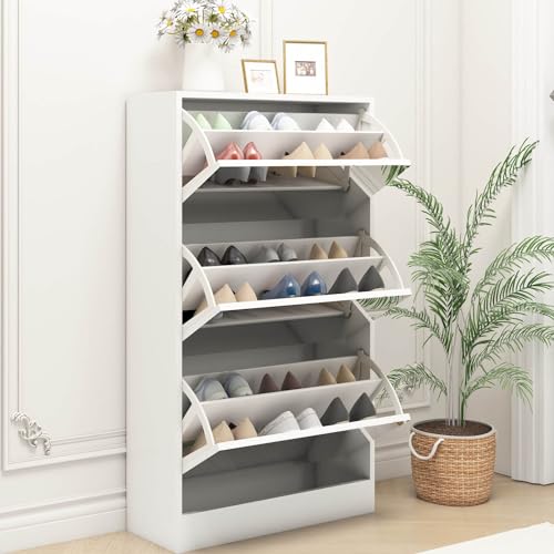 White Shoe Cabinet, Shoe Organizer Cabinet with Hanger, Slim Hidden Shoe Rack Cabinet, Freestanding Shoe Storage Cabinet with 3 Flip Drawers & 2 Sliding Drawers for Entryway, Hallway