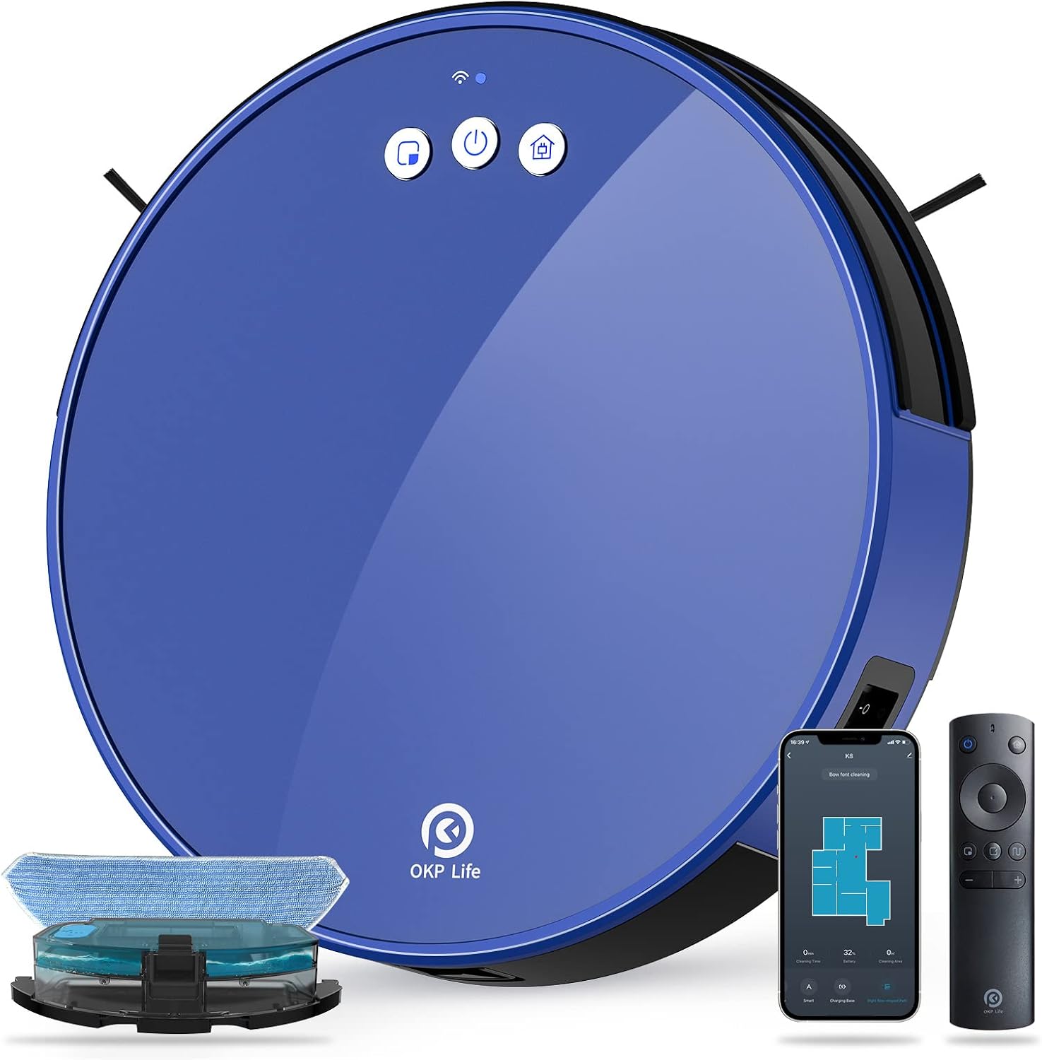 OKP Robot Vacuum Cleaner, 2000Pa Super Suction, Two-Layer Dust Box Design, Self Charging, Quiet Cleaning for Pet Hair, Blue
