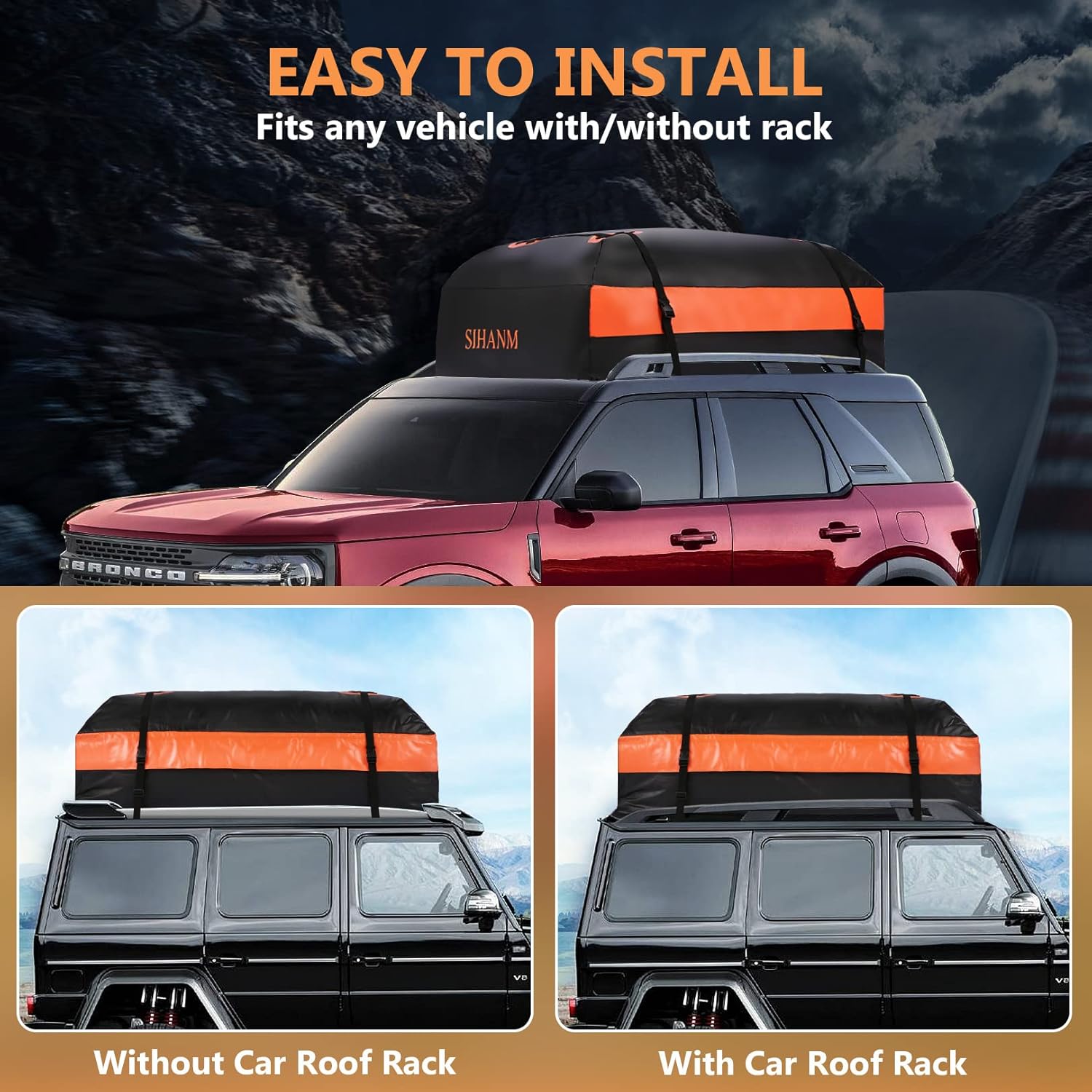 Rooftop Cargo Carrier, Heavy Duty Car Roof Cargo Carrier for All Cars with/Without Rack, 15Cu.ft. 100% Waterproof Car Top Carrier with Anti-Slip Mat, Door Hooks & Lock Pack of 2