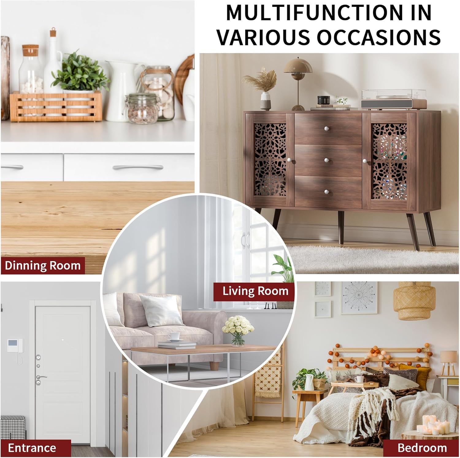 Hollow-Carved Accent Cabinet,Wood Coffee Bar Cabinet with 3 Drawers & 2 Doors, Adjustable Shelf,Retro Sideboard Buffet Cabinet for Dinning Room,Kitchen,Hallway,and Living Room