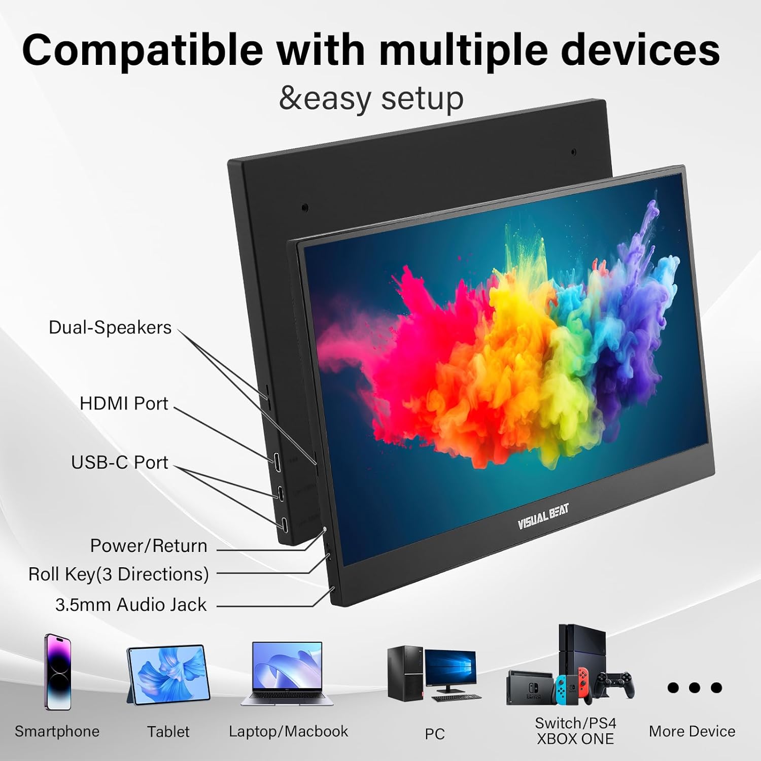 Portable Monitor 15.6inch 1080P FHD USB-C HDMI Computer Display IPS HDR VESA w/Smart Cover Dual Speakers for Laptop PC Mac Phone PS4/5 Xbox Switch