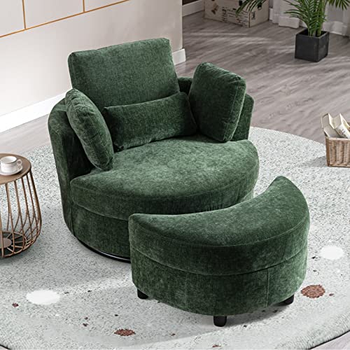 Chair and A Half with Ottoman, 360° Swivel Accent Barrel Chair Modern Comfy Round Reading Sofa Swivel Chairs Circle Lounge Chair for Bedroom Living Room w/4 Pillow Lower Seating Heigh (White, Large)