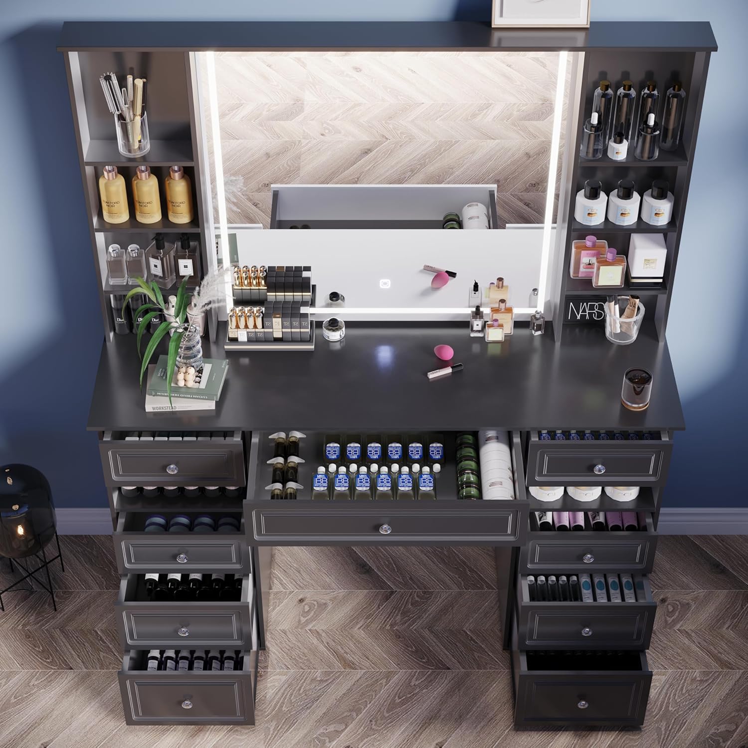 Extra Large Vanity Desk with Lighted Mirror,Huge Desktop Makeup Vanity Table with 9 Drawers,European Style Vanity, Crystal Ball Knobs, Carving Patterns Vanity Makeup Desk for Bedroom(Black)