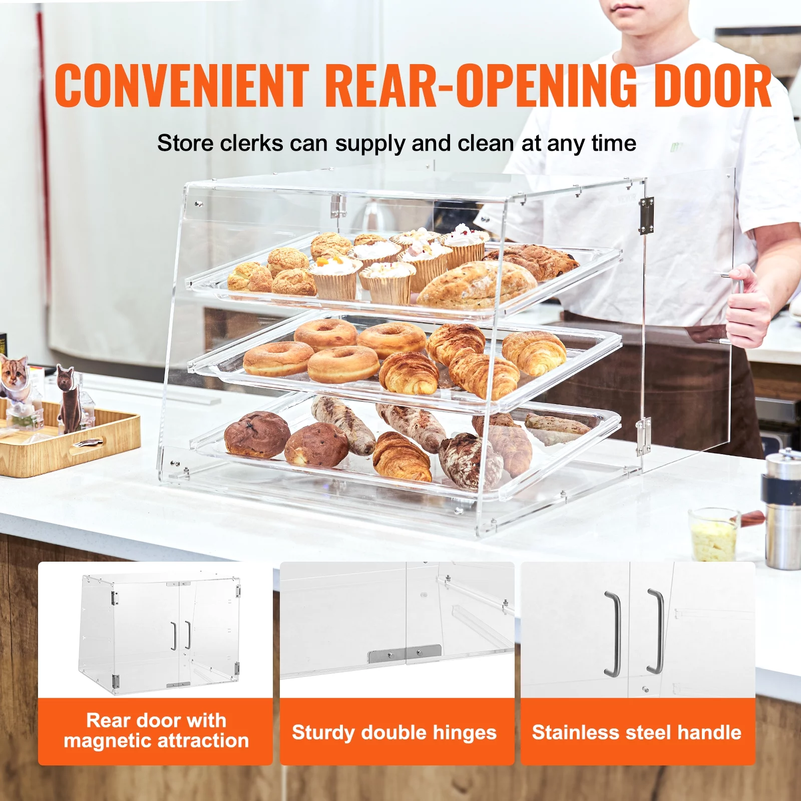 BENTISM 3-Tier Acrylic Bakery Display Case Countertop Donut Pastry Case Rear Door