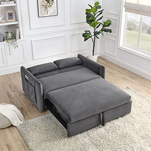 55" Convertible Sleeper Sofa Bed with 2 Pillows and 2 Detachable Pockets, Modern Velvet Upholstered Loveseat Sofa Couch with Pull Out Bed and Adjustable Backrest, Multifunctional 2-Seater Sofa, Blue