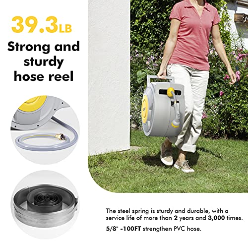 BLUBERY 5/8" x 100+6.7ft Retractable Garden Hose Reel, 39.3LB Super Heavy Duty, Any Length Lock, Slow Return System, Wide Handle, Wall Mounted and 180° Swivel Bracket, GHR01A