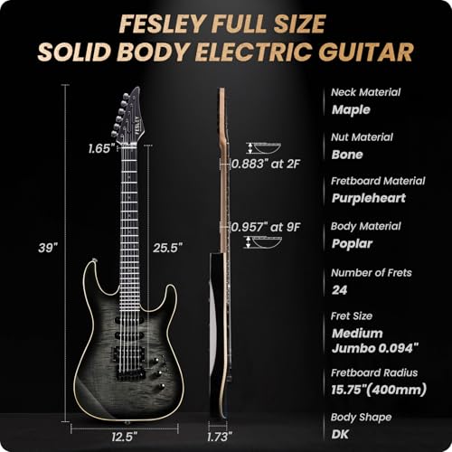 39" Solid Body Electric Guitar: Electric Guitar Kit with Bone Nut, Full Size 6 String Guitars with 24 Frets, Poplar Body AAA Flame Maple Top, Guitarra Electrica with HSS Ceramic Pickup,Black