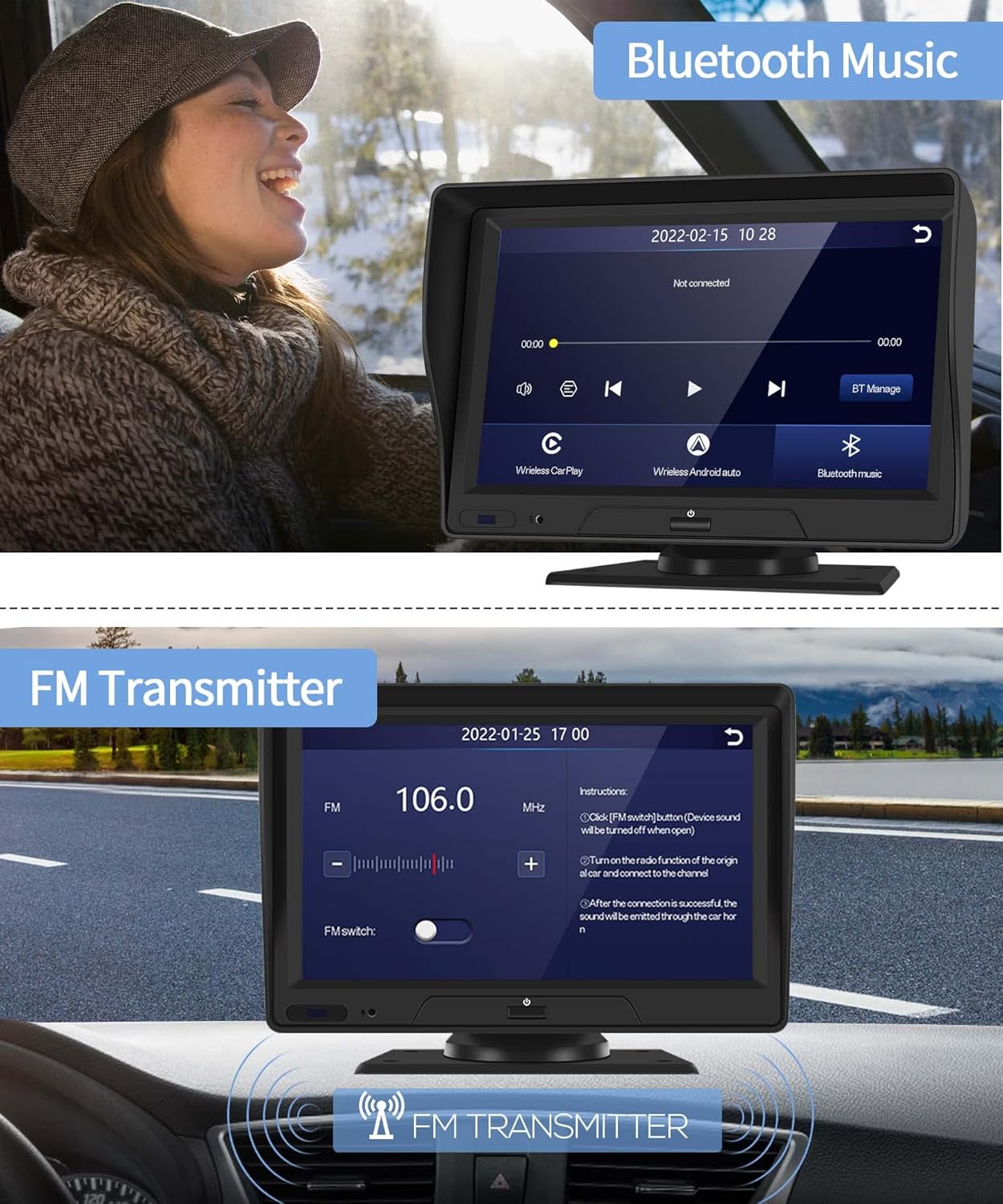 Portable Bluetooth Car Stereo Carplay Android Auto Reversing Monitor Kit, 7" Vehicle Backup Camera Set Driving Recorder Support 2 Split Screen/Bluetooth/DVR Loop Recording/Voice Control DC 9V-36V