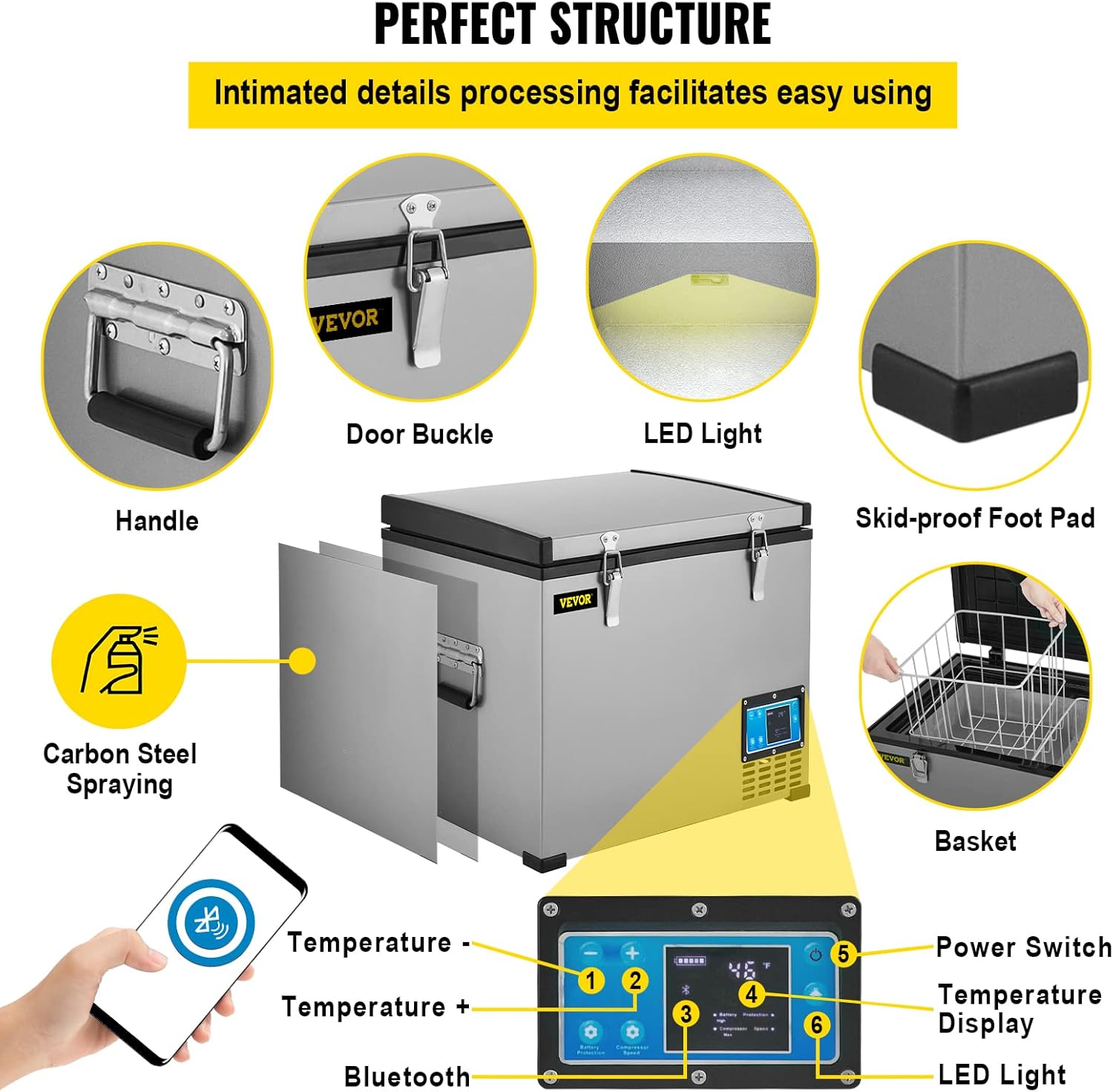 VEVOR Portable Refrigerator 48 Quart,12 Volt Refrigerator with Compressor,Metal Shell Chest Refrigerator,-4℉ to 68℉,DC 12/24V, AC 110-240V（Home & Car Use）