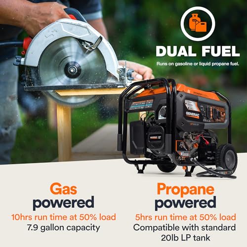 Generac 8,000-Watt Gas-Powered Portable Generator - Electric Start with COsense - PowerRush Advanced Technology - Reliable Power for Emergencies, Recreation, Home - 49 State Compliant - Orange/Black