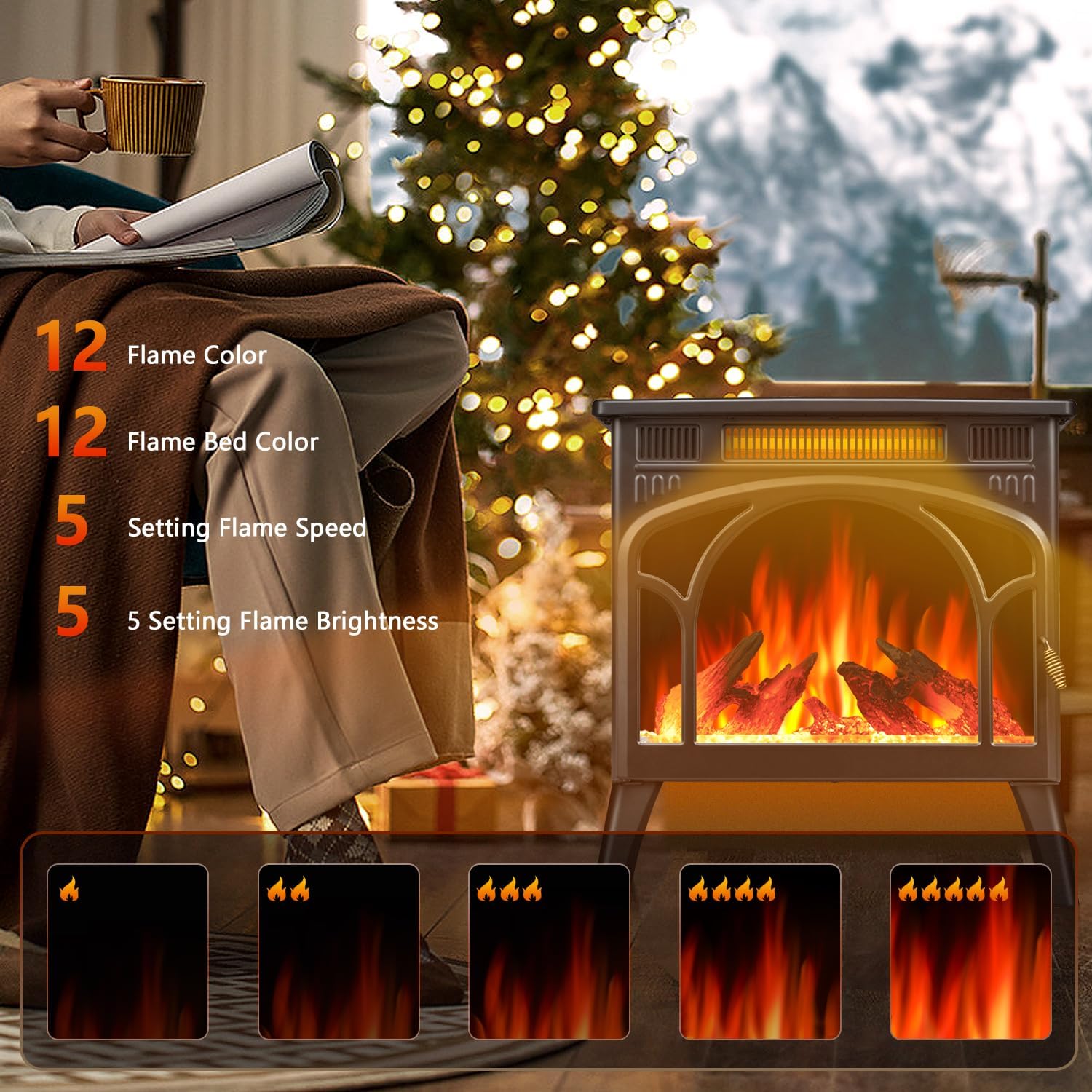 R.W.FLAME Electric Fireplace Heater 12 Flame Color, 25" Freestanding Fireplace Infrared Stove 1000W/1500W, 3D Realistic Flame Effects, Adjustable Brightness and Heating Mode, Overheating Safe Design