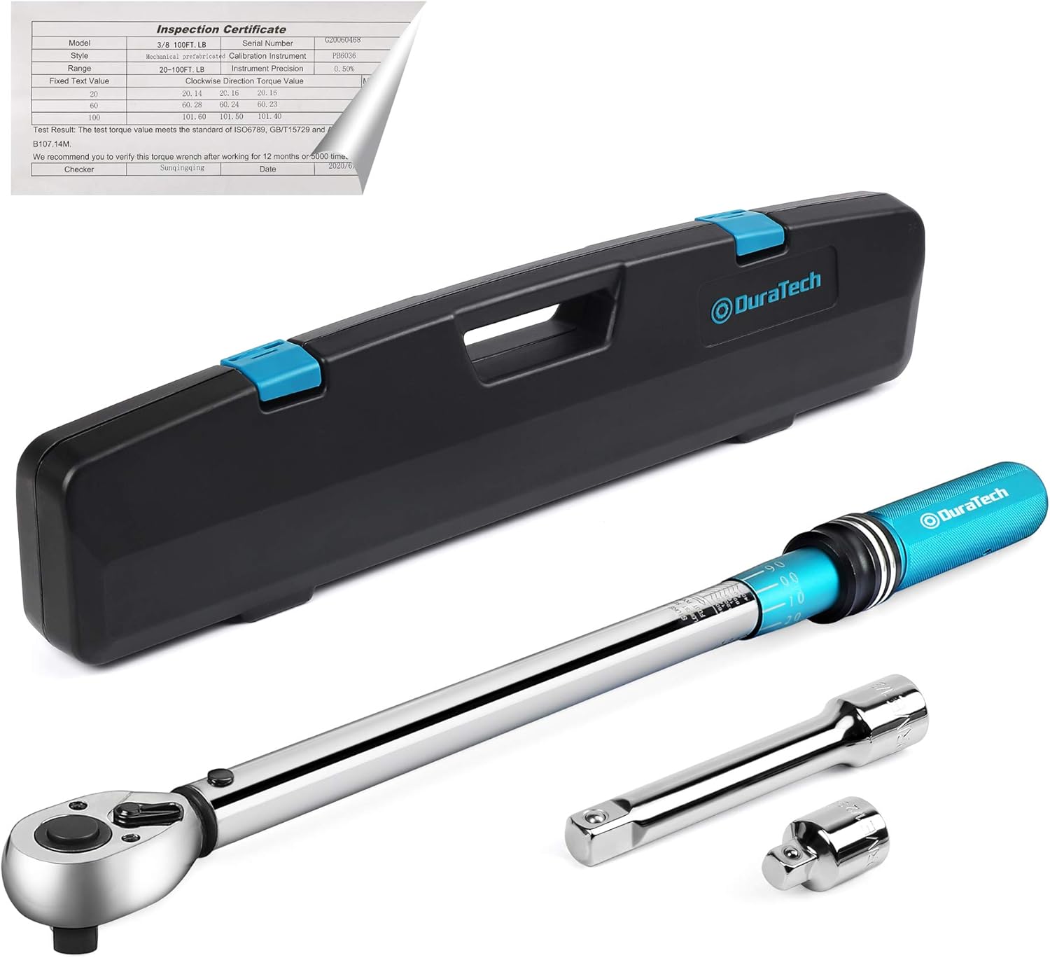 DURATECH 1/2-Inch Drive Click Torque Wrench, 30-160 Ft-lb, with Socket Adapter, Extensions Bar, Storage Case Included