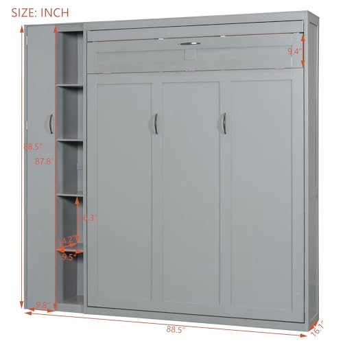 Harper & Bright Designs Queen Size Murphy Bed Wall Bed with Storage Shelves, Wardrobe and LED Lights, Space-Saving for Multipurpose Guest Room or Home Office, Gray