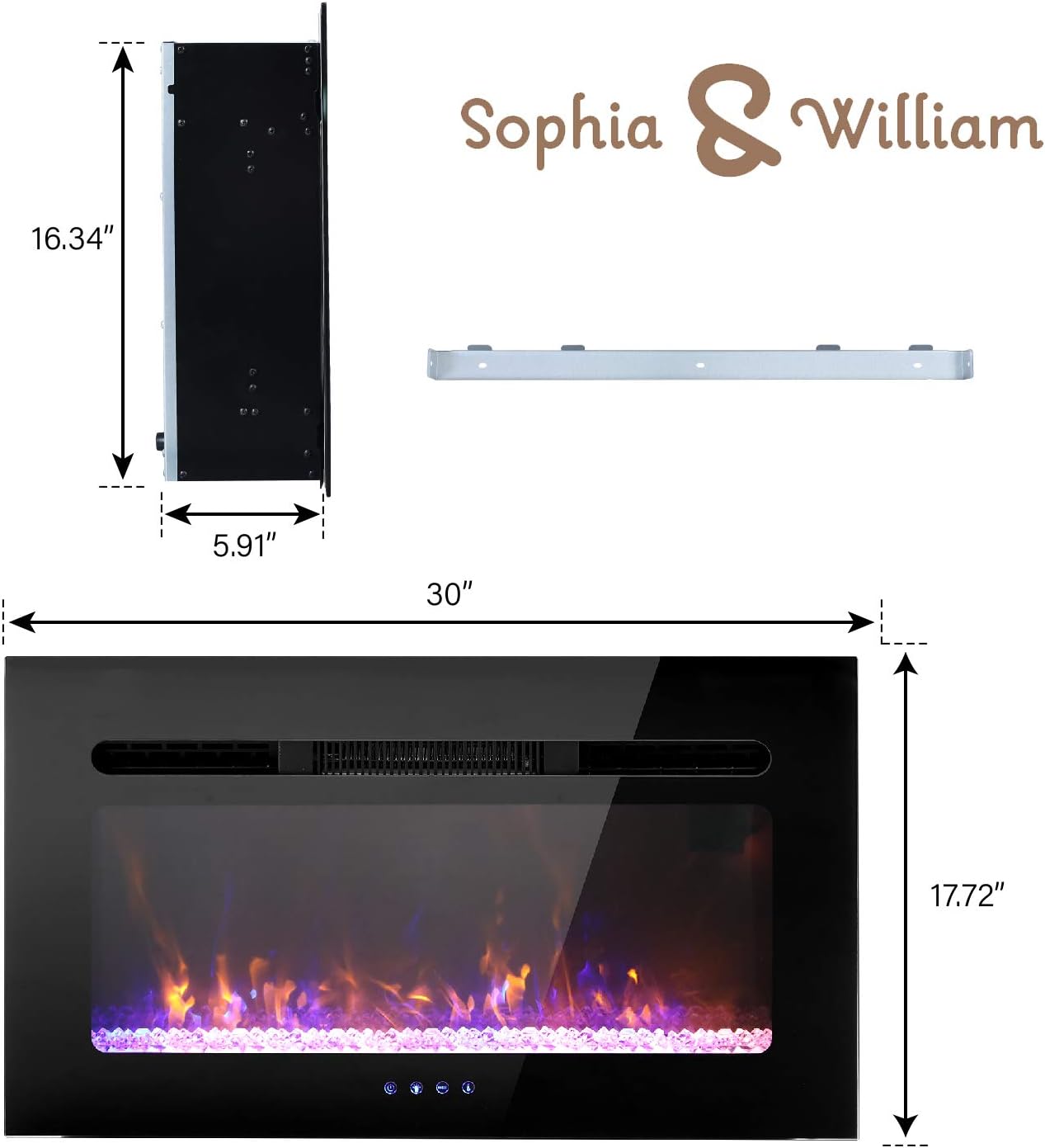 Sophia & William 30" Electric Fireplace Recessed and Wall Mounted, Noiseless Electric Heater with Remote Control & Touch Screen for 2 x 6 Stud, Flame Color & Speed Adjustable