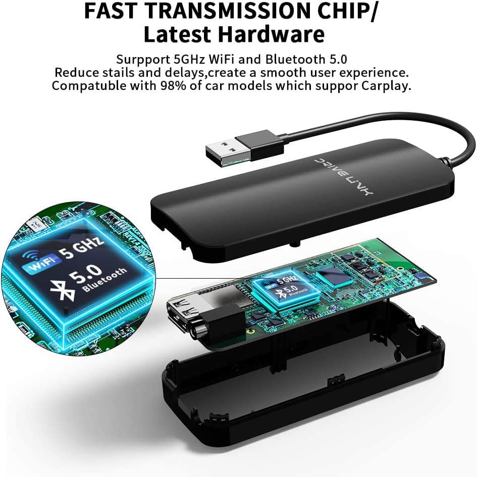 DriveLink 2.0 Wireless CarPlay Adapter for All Factory Wired CarPlay Cars Wireless CarPlay Dongle Convert Wired to Wireless CarPlay, Low Latency, Easy-to-Install, Plug & Play