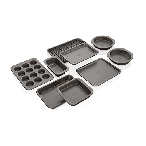 Ninja Foodi NeverStick Premium Bakeware Sheet Set, Oven Safe up to 500⁰F, with Baking Sheet, Loaf Pan, 12 Cup Muffin Pan, & Round Cake Pans, Grey