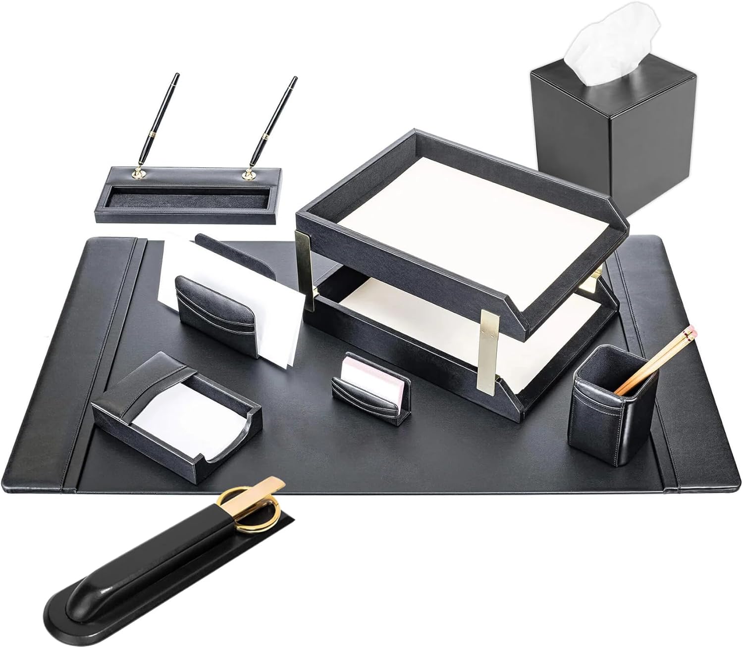 DACASSO Black Leather 11-Piece Desk Set - Luxury Leather Desk Pad & Desk Organization Essentials - Office Organization & Executive Desk Decor - (Gold Accent)