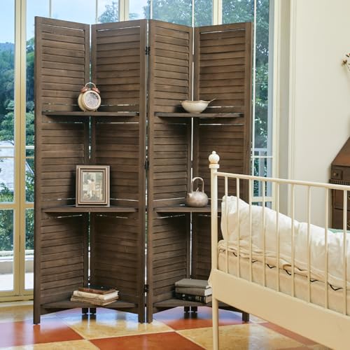 Room Divider with Shelves, 5.6 Ft Tall Folding Wood Screen with Double Hinges for Home Office Bedroom Hotel Decoration (6 Panels, Brown)