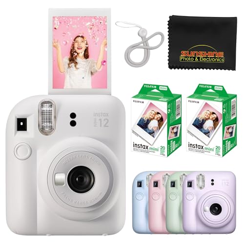 Fujifilm Instax Mini 12 Instant Camera Pastel Blue with 40 Sheets Fujifilm Instax Mini Film Bundle, Sunshine Photo Microfiber Cleaning Cloth Included