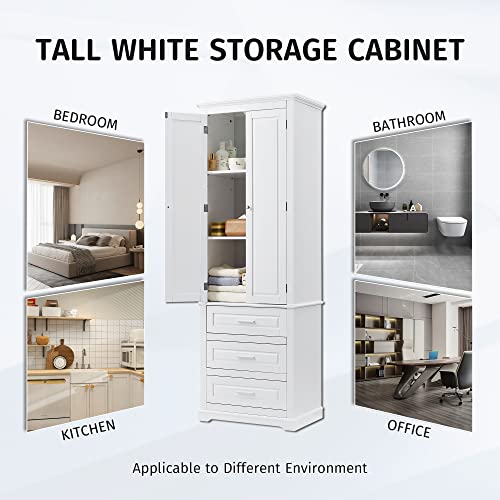 Tall Bathroom Storage Cabinet with 2 Door, Freestanding Floor Cabinet with 3 Drawers and Adjustable Shelves, Large White Linen Cabinet for Bathroom, Kitchen, Living Room