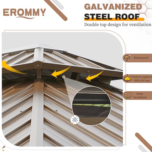 EROMMY 14'x20' Hardtop Gazebo Double Roof Galvanized Steel Canopy Outdoor Aluminum Frame Permanent Metal Pavilion with Netting and Curtains for Patio Backyard Deck and Lawns