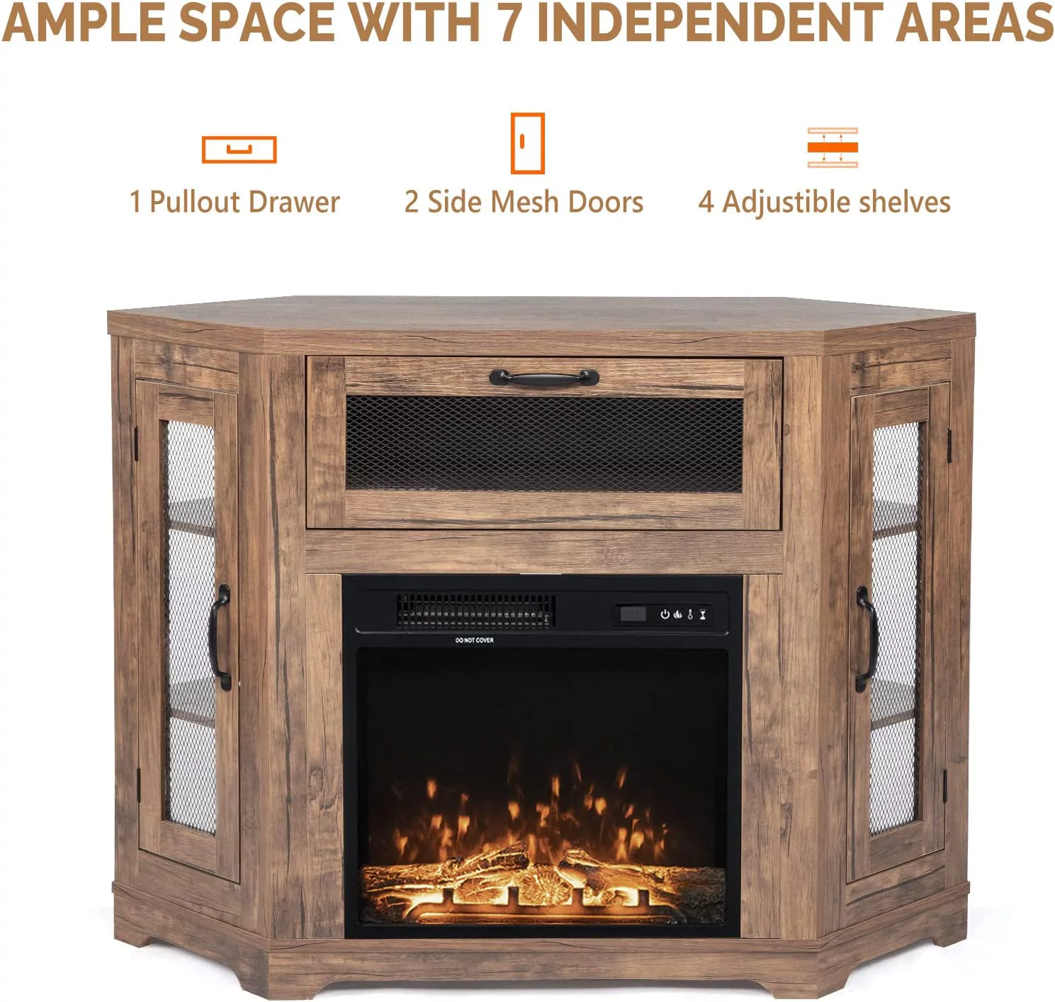 NLIBOOMLife TV Corner Fireplace TV Stand for TVs Up to 50 Inch  Small TV Stand for Bedroom  Living Room  Industrial Metal Mesh Door  Oak Brown