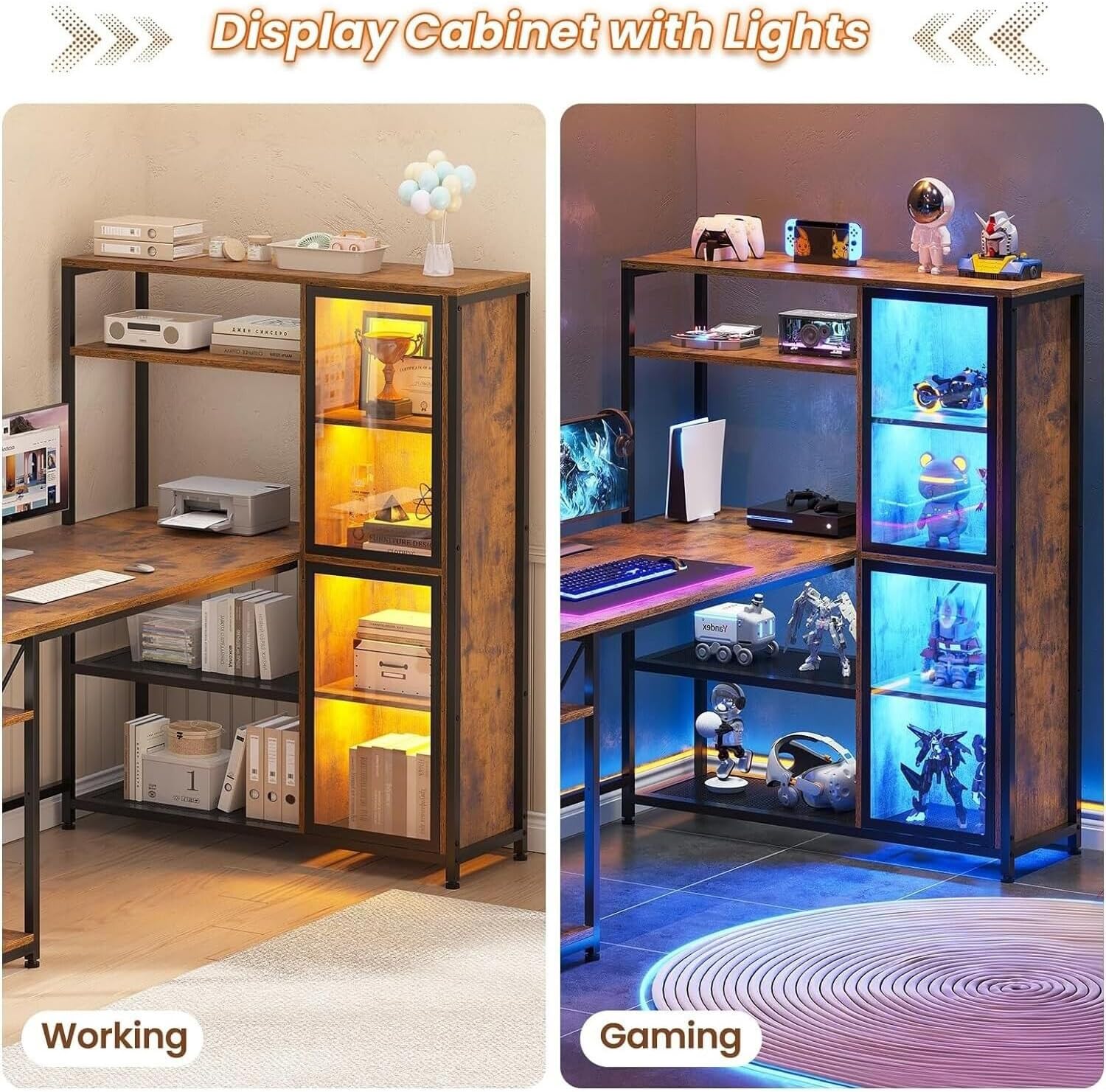 New Modern Rustic Brown L Shaped Desk Gaming Computer LED Light Bookshelf Corner Desk Storage Shelves Wood Display Cabinet Study Home Office 59”L x 31.5”W x 50.7”H of Set