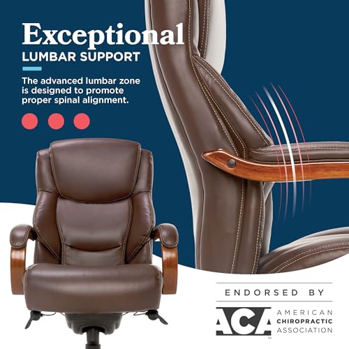 La-Z-Boy Delano Big & Tall Executive Office Chair, Ergonomic Mid-Back Body Pillow Lumbar Support, ComfortCore Memory Foam Cushion, Mahogany Wood Arms & Swivel Base, Bonded Leather, Chestnut Brown