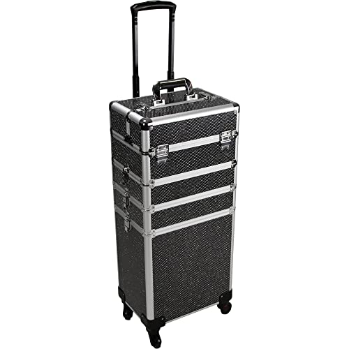4 in 1 Rolling Makeup Train Case, Aluminum Makeup Travel Organizer Cosmetic Case, Cosmetology Display Suitcase on Wheels, Beauty Storage Luggage Lockable w/4 Removable Wheels(Silver)