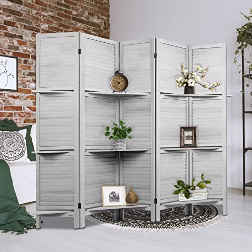 Room Divider with Shelves, Privacy Screen, Room Dividers and Folding Privacy Screens, 5 Panel Wood Temporary Wall Partition Separation Separator, Coconut