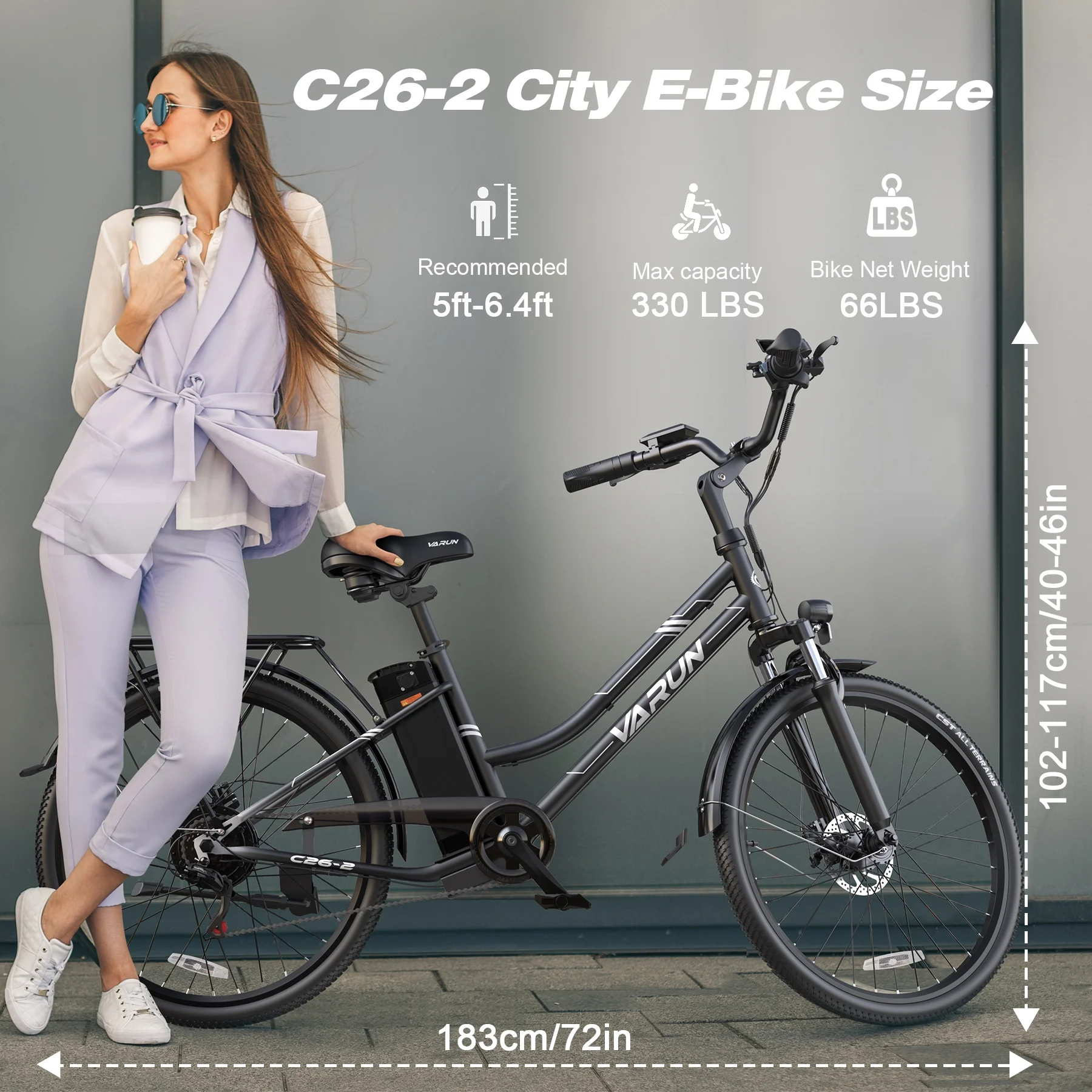 VARUN Fashion 26 -inch Electric Bike -500W Electric Bicycle, With a Range of 40 Miles, Removable Battery, 7 Speed, Maximum Speed of 19.9MPH, Suitable For Commuting Commute