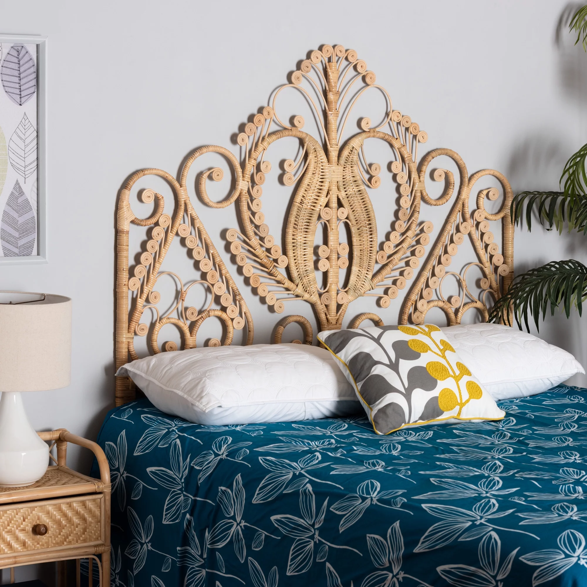 bali & pari Caelinus Modern Bohemian Natural Brown Rattan Queen Size Standalone Headboard