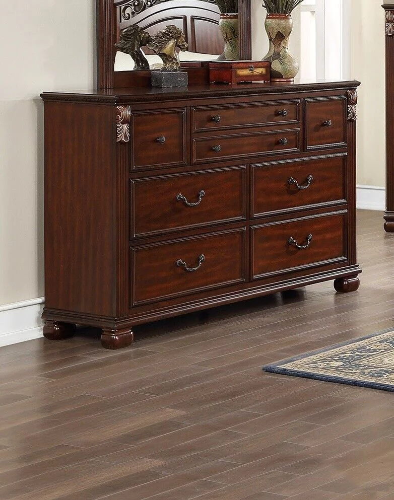 Royal Gorgeous Traditional Est King Size Bed Dresser Mirror Chest Wooden Brown Finish 4p Set Bedroom Furniture