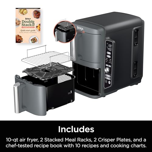 Ninja Air Fryer, 8 QT DoubleStack 2-Basket, Space Saving Design, Cooks 2lb Chicken Wings, Feeds up to 6 People, 6-in1 Air Fryer, Roast, Bake & More, Easy to Clean, Dishwasher Safe Parts, Black, SL201