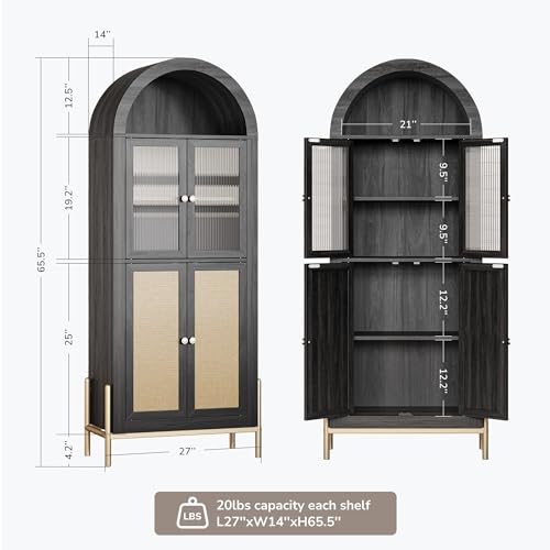 BELLEZE Arched Storage Cabinet with Doors, 65.5 Inches Bookcase, Freestanding Kitchen Pantry Cupboard Tall China Glass Cabinet Display Case for Home Living Room, Adjustable Shelves, White Lotus