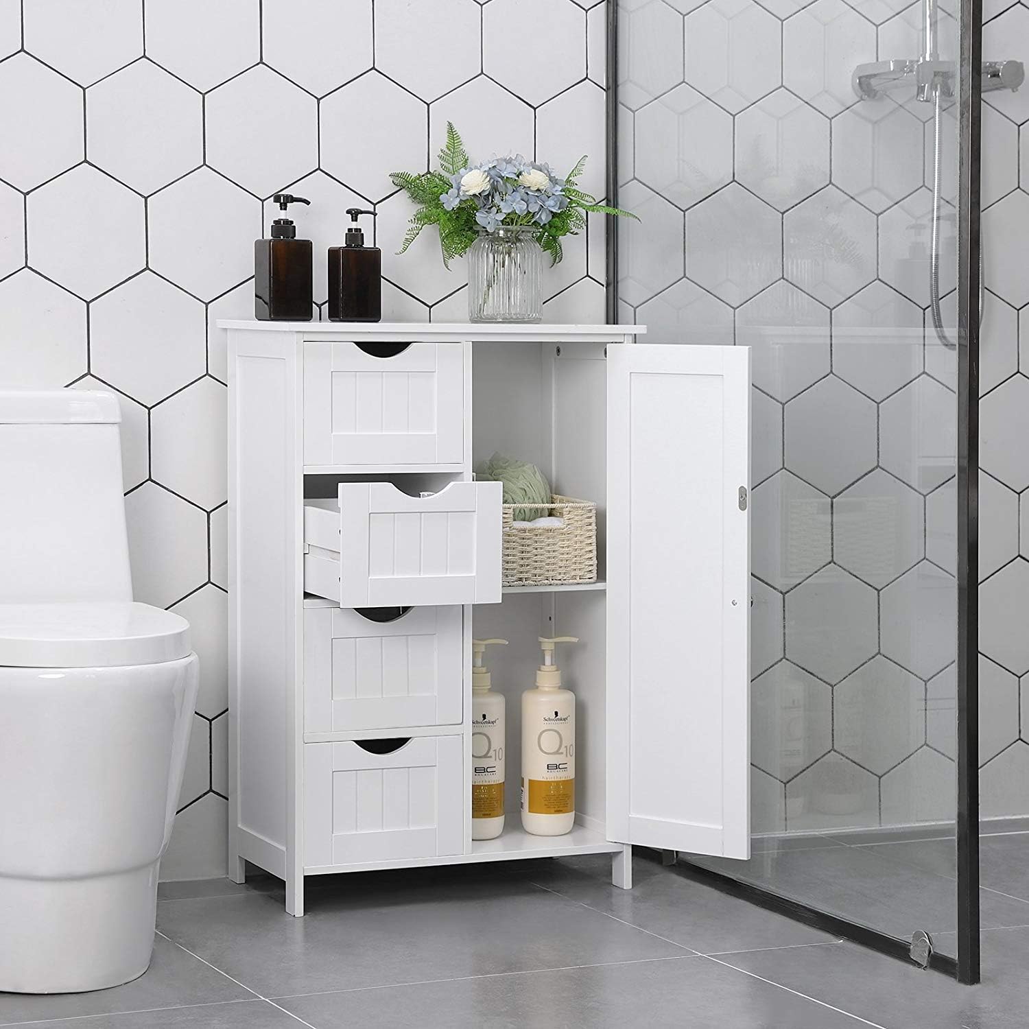 ONME Bathroom Floor Cabinet, Storage Cabinet Wooden with 1 Door & 4 Drawer, Free Standing Wooden Entryway Cupboard Spacesaver Cabinet, Entryway Cupboard, Toy Organizer Cabinet White