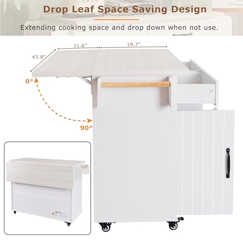 60" Kitchen Island with Drop Leaf and Power Outlet, Rolling Kitchen Cart on Wheels with Trash Can Storage Cabinet, Spice Rack, Towel Rack and Adjustable Shelf for Dining Room