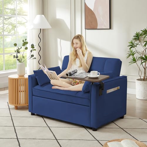 3 in 1 Sleeper Sofa Bed,47" Velvet Futon Tufted Pull Out Couch Bed,2 Seater Loveseat Chaise Lounge with Reclining Adjustable Backrest&Table for Living Room,Apartment,Office,Small Space(Beige)